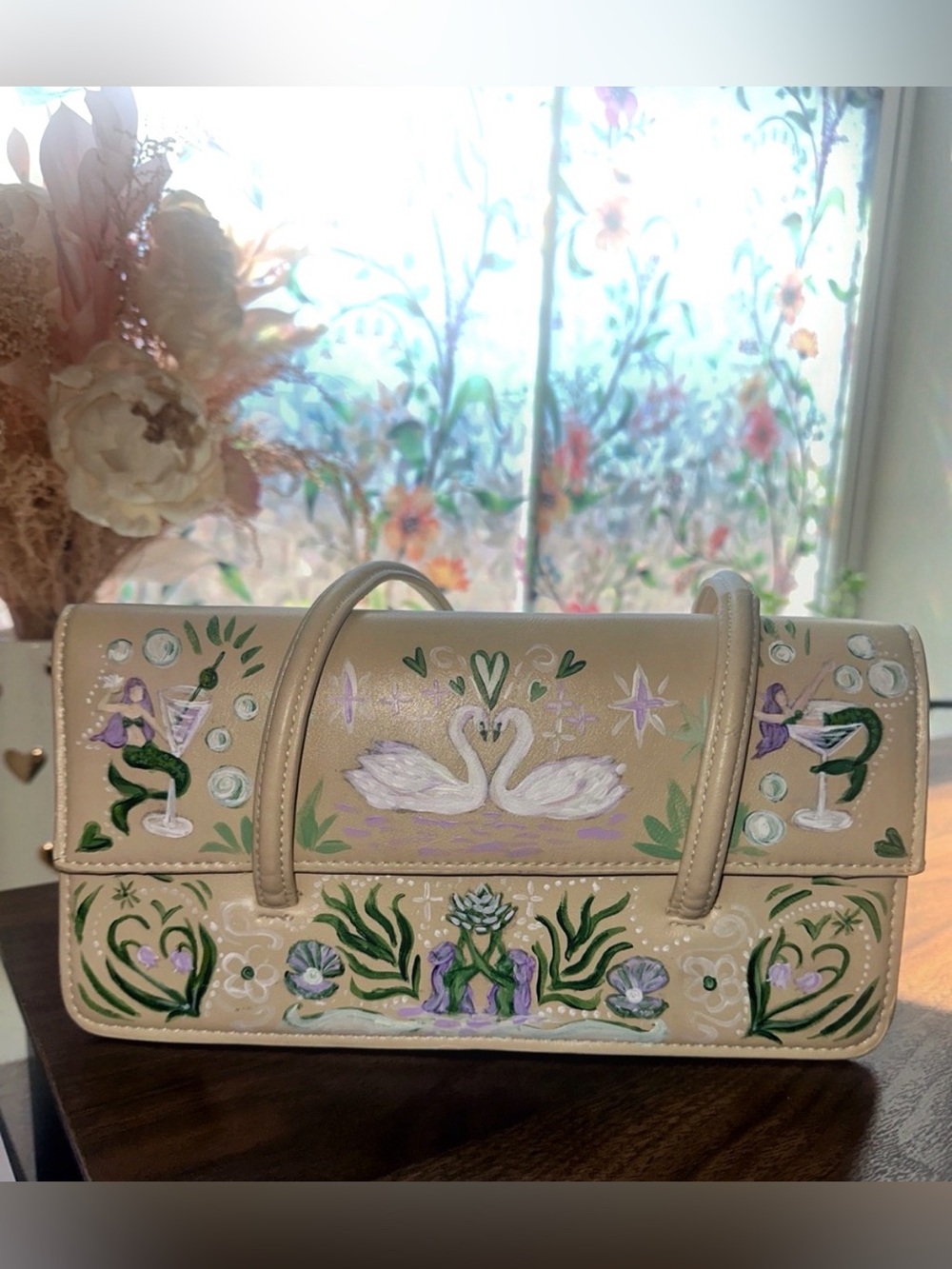 Mermaid Swan Art Bag Vintage MNG Hand Painted Vegan Leather - Picture 1 of 16